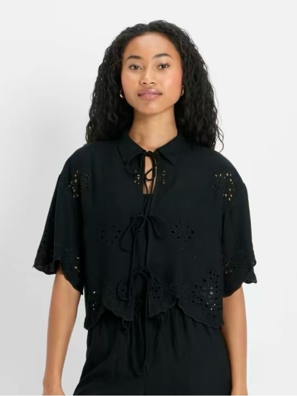 Future Collective Black Eyelet Crop Top NWT $38 Tie-Front Blouse Size XS